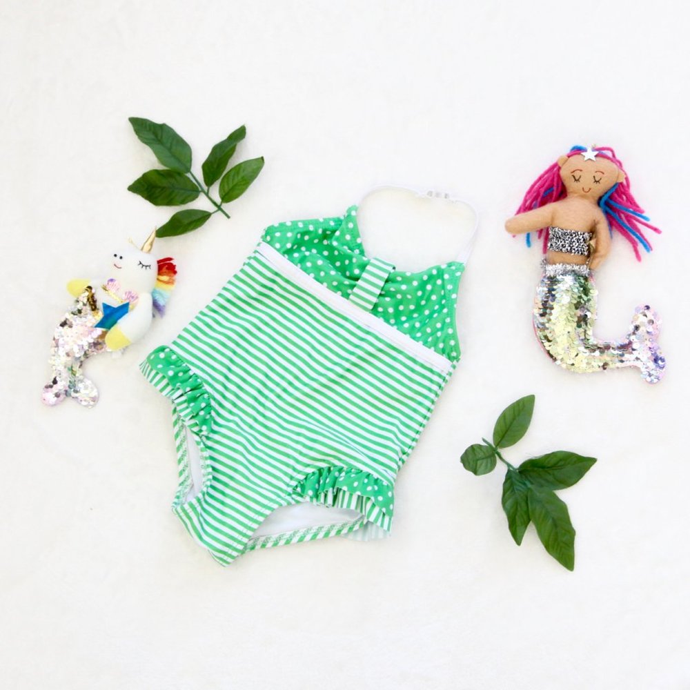Green Polka Dot and Striped Infant Bathing Suit